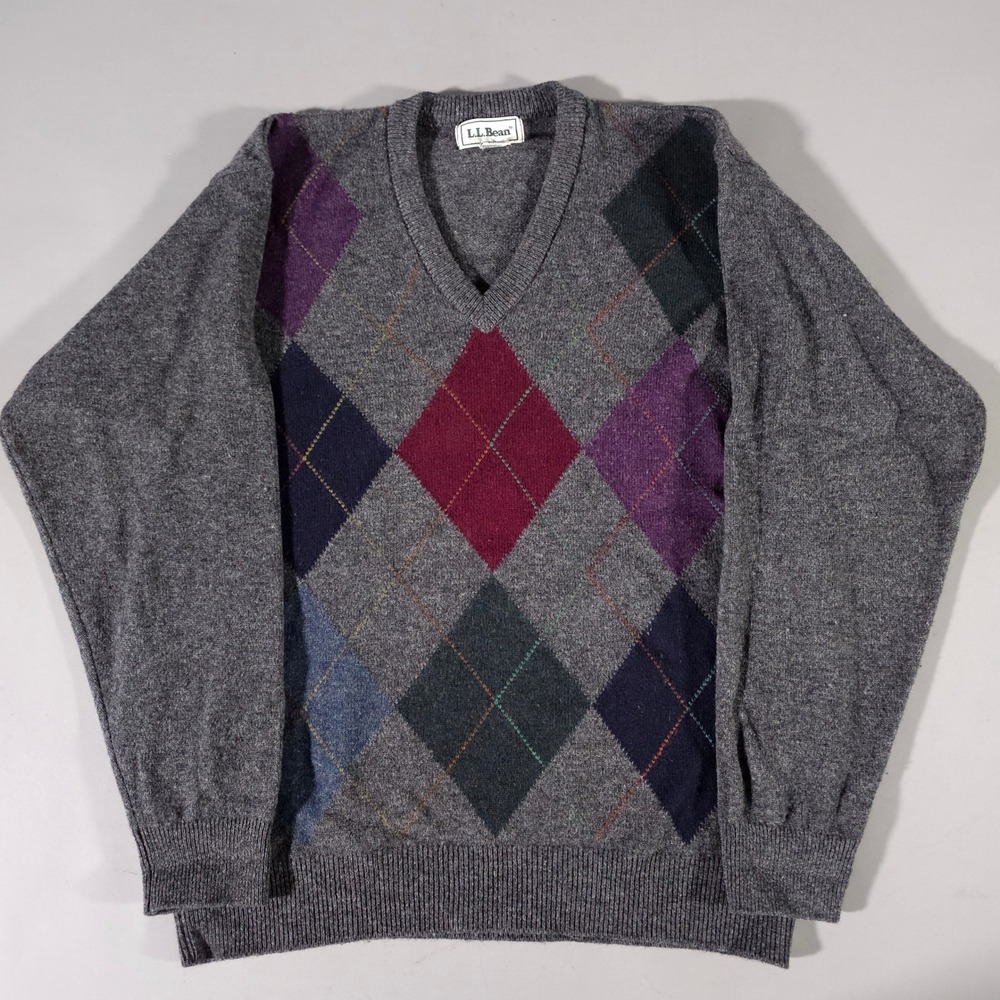 LL Bean Argyle V-Neck Sweater Mens M Gray Lambswool Scotland BA56